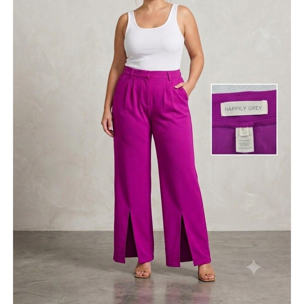 Happily Grey Pants Womens Size 11 Pink Wide Leg High Rise Stretch Slit Comfort